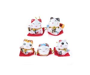 lachineuse - 5 Chats Maneki Neko - Figurines Statuettes Chat Japonais Porte Bonheur - Objets Kawaii Déco - Lucky Cat Porcelaine 4,5 cm - Chat Mignon Asiatique - Chance, Bonheur - Coloris Blanc