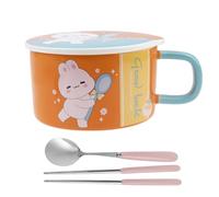 lachineuse - Bol à Nouilles Instantanées - Bol à Ramen Asiatique - Porcelaine - Motif Lapin - 1000 ML - Avec Couvercle et Couverts - Petit-Déjeuner, Soupe, Riz - Idée Cadeau Asie Japon Chine - Orange