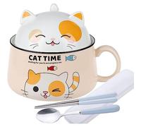 lachineuse BOL à RAMEN CHAT KAWAII - JAUNE 1020 ML - Avec un set de couverts