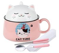 lachineuse BOL à RAMEN CHAT KAWAII - ROSE - 1020 ML - Avec un set de couverts