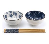lachineuse - Coffret 2 Bols à riz asiatique - Motif Floral Bleu ⌀ 11cm | Bols à Riz, Petit Déjeuner, Apéritif & Soupe - 2 Paires de Baguettes - Bol Asiatique Japonais Asie