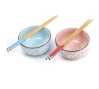 lachineuse - Coffret 2 Bols à Riz Japonais - Fleurs de Cerisier ⌀ 11cm | Bols à Riz, Petit Déjeuner & Soupe - 2 Paires de Baguettes - Bol Asiatique Japon Asie - Cadeau Vaisselle Japonaise