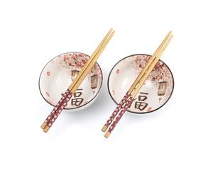 lachineuse - Coffret 2 Bols à Riz Nippons - Design Idéogramme Bonheur - Duo Floral Sakura- Accompagnés de 2 Paires de Baguettes - Plaisir Gourmand - Décoration Japonaise - Idée Cadeau Japon Asie