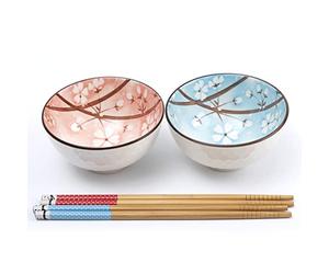 lachineuse - Coffret 2 Bols Japonais-Fleurs de Cerisier Sakura ⌀ 11cm | Bols à Riz, Soupe - 2 Paires de Baguettes - Bol Asiatique Japon - Cadeau Vaisselle Japonaise