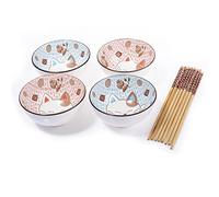 lachineuse - Coffret 4 Bols Design Japonais Chat Porte bonheur ⌀11cm | Bols à Riz - Petit Déjeuner- Apéritif - Avec Baguettes - Maneki Neko Porte Bonheur - Cadeau Déco Kawaii Japon