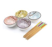 lachineuse - Coffret 4 Bols Japonais Motif Fleurs de Cerisier Sakura ⌀ 11cm | Bols à Riz, Poke Bowl, Petit Déjeuner, Apéritif & Soupe - 4 Paires de Baguettes - Bol Asiatique Japon - Cadeau Vaisselle