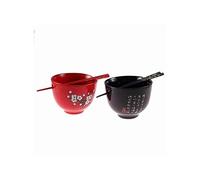 lachineuse - Duo Grands Bols ⌀ 13 cm - En Rouge et Noir - Décors Fleurs de Cerisier - Bols à Riz, Petit Déjeuner & Soupe - 2 Paires de Baguettes - Bol Asiatique Japon Asie - Cadeau Vaisselle Japonaise
