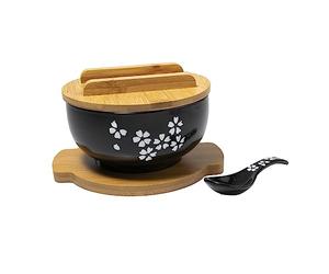 lachineuse - Grand Bol Asiatique en Porcelaine - Soupe & Nouilles - Teinte Noire ⌀ 16 cm - Style Japonais Sakura - Contenance 1000 ml - Cuillère, Baguettes & Support - Déco Cadeau Vaisselle Japonaise
