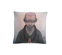 lachineuse - Housse de Coussin - Design Bonze Zen - Déco d'Asie Zen - 44 x 44 cm - Bleu Gris - Coton & Lin - Traditions Bouddistes - Maison, Bureau - Idée Cadeau Chine, Asie