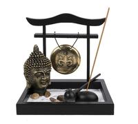 lachineuse Jardin Zen Japonais - Bouddha, Gong, Portique - 13x15 cm - Multicolore - Bois, sable, galet, encens - Idée Cadeau Japon