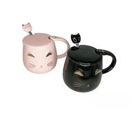 lachineuse - Lot 2 Tasses Kawaii 450 ml - Mug Chat avec Couvercle et Cuillère - Coloris Rose et Noir - Porcelaine - Mug à Infusion, Thé, Café - Tasse Originale Japonaise - Idée Cadeau Japon Asie