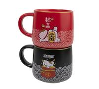 lachineuse - Lot de 2 Grandes Tasses Mugs Motifs Maneki Neko - Rouge et Noire - Design Japonais - 435 ml - 8,5 x 9 cm - Porcelaine - Idée Cadeau Déco Asie Japon