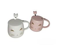 lachineuse - Lot de 2 Tasses Chat Kawaii 450ml - Mug Chat avec Couvercle & Cuillère - Coloris Blanc & Rose en Céramique - Mug à Infusion, Thé, Café - Tasse Originale Japonaise - Idée Cadeau Japon Asie
