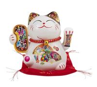 lachineuse - Statuette Maneki Neko - Figurine Chat Japonais en Porcelaine - Chance et Bonheur - avec Son Coussin Rouge - Hauteur 16 cm - Bras Mobile - Multicolore - Déco du Japon - Idée Cadeau Asie