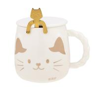 lachineuse - Tasse en Porcelaine Chat Japonais - Avec Couvercle & Cuillère - 425 ml - Petit Déj & Pause Détente - Café, Thé, Chocolat Chaud - Idée Cadeau Asie, Chine, Japon - Colori Blanc et Doré