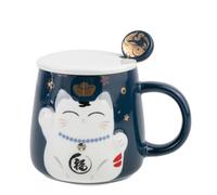 lachineuse - Tasse en Relief - Décors Chat Maneki Neko - Teinte Bleue - Accompagnée de sa cuillère - Porcelaine - 8,5 x 9 cm - Décoration Japonaise - Idée Cadeau Japon Asie