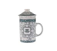 lachineuse - Tisanière Chinoise - Tasse à Infusion- Idéogramme Thé | Porcelaine - Avec Infuseur & Couvercle - Vert & Blanc - Vaisselle Traditionnelle - Pour Thé, Infusion - Idée Cadeau Asiatique