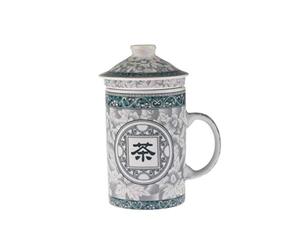 lachineuse - Tisanière Chinoise - Tasse à Infusion- Idéogramme Thé | Porcelaine - Avec Infuseur & Couvercle - Vert & Blanc - Vaisselle Traditionnelle - Pour Thé, Infusion - Idée Cadeau Asiatique