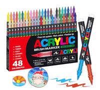 Laconile 48 Couleurs Feutre Acrylique, stylos acryliques à pointe pinceau pour le coloriage adulte ，Acrylic Paint Markers pour Coloriage, Calligraphie, Bois, Toile, Verre, Céramique (48)