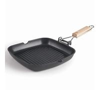 LACOR - 25148 - Poêle Grill SUA cannalée en aluminium fondé 100% sans PFOA, antiadhésif, bicouche, manche pliable bois de chêne, fond Full Induction, adapté à l'induction, 28 x 28 x 3,8 cm, noir