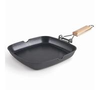 LACOR - 25154 - Poêle Grill SUA lisse en aluminium fondé 100% sans PFOA, antiadhésive bicouche, manche pliable bois de chêne, fond Full Induction, adapté à l'induction, 24 x 24 x 3,7 cm, noir