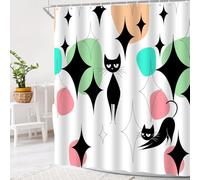 LAEDCIITI Mid Century Black Cat Shower Curtain Modern Atomic Abstract Geometric Iconic Pattern Retro Black Kitty Animal 1950s 1960s Vintage Funny Teal Fabric Bathroom Curtain Set with Hook