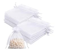 Lafefe Lot de 50 Pochettes Cadeaux en Organza, 7 x 9 cm, en Maille Transparente, avec Cordon de Serrage, Sacs Cadeaux en Organza pour dragées de Mariage, fête, Festival, Bonbons et Jeux - Blanc