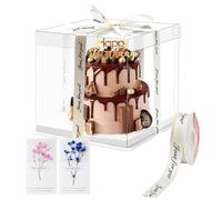 lafo Boîte de transport pour gâteau, haute transparente, 30 x 30 x 25 cm, boîte cadeau transparente avec socle, ruban de satin blanc 2,5 cm et 2 cartes de vœux, pour anniversaire, mariage, dessert (1
