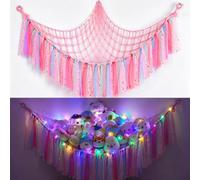 lafo Rangement pour peluches avec lumières LED, organiseur de jouets, rangement des doudous, filet, hamac, jouets en peluche, filet triangulaire rose, chambre d'enfant
