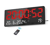 Lafocuse 15.5" LED Horloge Murale Numérique, Grande Horloge de Bureau Digitale avec Télécommande, Température, Date, Alarmes, Luminosité Réglable Pendule Murale pour Salon Chambre Bureau, Rouge