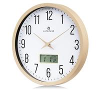 Lafocuse 30cm Horloge Murale Calendrier LCD avec Date Thermomètre, Vintage Silencieuse Pendule Murale Beige, sans Tic-tac Déco pour Cuisine Salon Chambre Bureau
