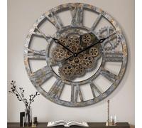 Lafocuse 57cm Horloge murale vintage Grande avec engrenages en mouvement, bois shabby chic, Horloge murale industrielle steampunk XXL Décoration rétro pour cuisine salon bar