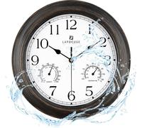 Lafocuse Horloge murale étanche silencieuse avec thermomètre et hygromètre, Horloge murale extérieure rétro brun shabby chic, pas de bruit de tic-tac Décoration vintage pour salle de bain jardin cuisi