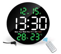 Lafocuse Horloge Murale Numérique LED Ronde 25CM, Horloge Digitale avec Télécommande, Température, Humidité, Date, Alarmes, 12/24H, Luminosité Réglable pour Salon Chambre Bureau Gymnase, Vert