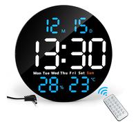 Lafocuse Horloge Murale Numérique LED Ronde 25CM, Horloge Digitale avec Télécommande, Température, Humidité, Date, Alarmes, 12/24H, Luminosité Réglable pour Salon Chambre Bureau Gymnase, Blau