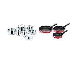 Lagostina Euforia Batterie de Cuisine pour Induction, Gaz et Four en Acier Inoxydable 18/10, 11 Pièces & Cucina Mediterranea Set de poêles anti-adhésives, aluminium