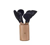 LAGUIOLE 5 x Ustensiles de Cuisine - Écumoire, Louche, Spatule, Pinceau à badigeonner, Cuillère à spaghetti, Friture, Sauce- Antiadhésif- Noir - Silicone - Bois clair 40268158