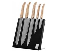 Laguiole Innovation - Set de couteaux, manche en chêne, finition stonewash de la lame et porte-couteau magnétique