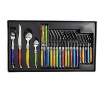 LAGUIOLE - Ménagère Multicolore, 24 Couverts - 6 Couteaux de Table + 6 Fourchettes + 6 Cuillères à Soupe + 6 Cuillères à Café - Acier Inoxydable et Pleine Soie - Coffret Vitrine en Bois