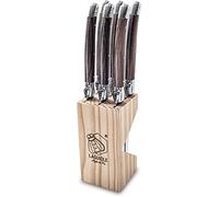 Laguiole Style de Vie Lot de 6 couteaux à steak Premium Line - Bois foncé - Moleté - Avec bloc de rangement en bois - Convient pour différents types de viande et de poisson