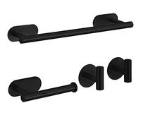 Laimew Ensemble d'accessoires de Salle de Bain 4 pièces sans perçage, Porte-Papier hygiénique de 16 Pouces en Acier Inoxydable Noir et 2 Crochets pour Peignoir