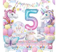 LAISLLA Vaisselle Anniversaire Licorne, 5 Ans Decoration Anniversaire Papillon, Assiettes Anniversaire Papillon Decoration pour Enfants Fille 5 Ans, 16 Invités
