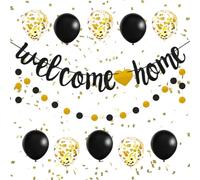 lakigoes Kit de décoration pour la maison - Welcome Home - Noir et doré - Avec bannière, guirlande de fanions, guirlande en papier et ballons - Pour fête prénatale, fête de famille, pendaison de