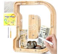 Lakpopya Tirelire en Bois pour Enfant Tirelire Cochon Personnalisée de Lettres A à Z Tirelire Billet Transparente Créative pour Cadeau Décoration Baptême pour Fille Garcon (D)
