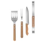LALADEFIEE Ensemble D'outils De Barbecue Inox 4 Pièces Manches En Bois De Hêtre Spatule Fourchette Pince Couteau Résistants Multifonction Pour Grillade Extérieur Transportable