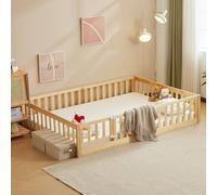 LALAHO 2-in-1 Bodenbett Montessori-Kinderbett mit Türrahmen（Natur） | Herausfallschutz & Lattenrost, Gitterbett - Kinder-Jugendbett Einzelbett, weiß 140×200 - bis zu 300 kg Tragfähigkeit