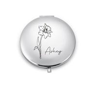 Lam Hub Fong Miroir de Maquillage Personnalisé avec Nom Fleur d'anniversaire Miroir de Poche Cadeaux Personnalisés pour Femmes Amis (Argent)
