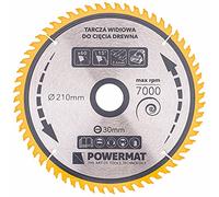 Lame de scie circulaire bois carbure Ø 210 x 30 mm, 7000 tr/min 60 dents | Corps en acier trempé, géométrie ATB à 15° et saignée de 2,6 mm ; denture à choisir selon la coupe souhaitée.