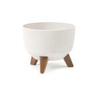 LAMELA Pot de Fleurs Rond sur Pieds - Plastique Rayé - Ø 24 cm x H 15 cm, 5,1 L - Résistant et Facile d'entretien - Intérieur et Extérieur - Crème