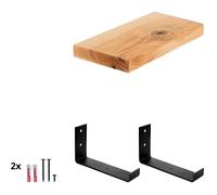 LAMO Manufaktur Étagère murale avec supports en J noirs Etagere 40 cm largeur Couleur: naturel, Bord: droit